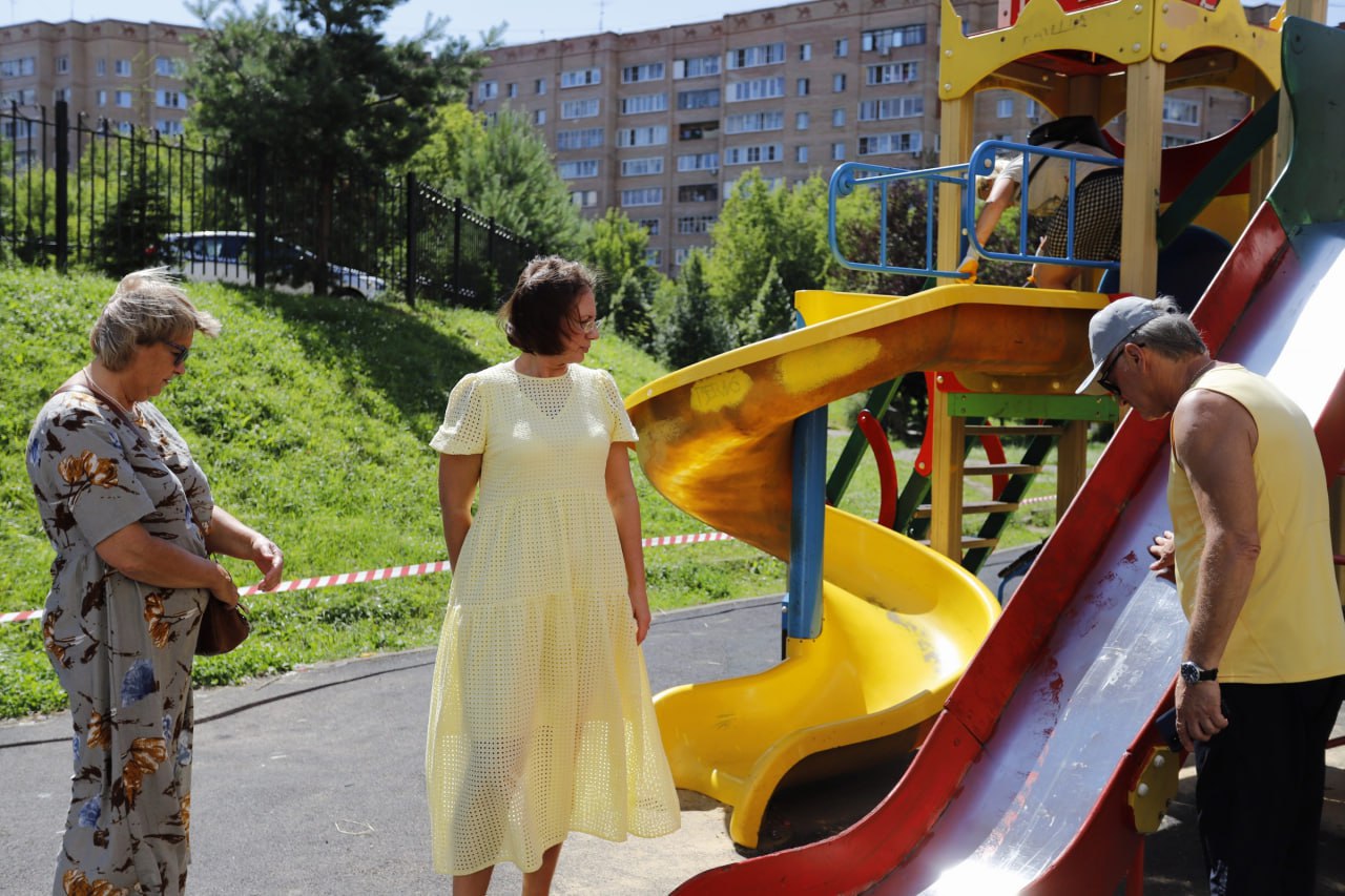 Заместитель главы г.о. Фрязино Юлия Шувалова, совместно с депутатом Совета депутатов Полиной Коноваловой в рамках обхода территории посетила детскую игровую площадку «Кремль», расположенную во дворе дома № 31 по проспекту Мира