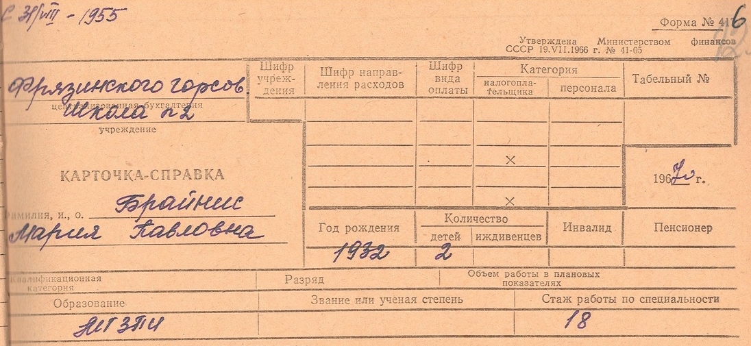 Карточка-справка Брайнис Мария Павловна